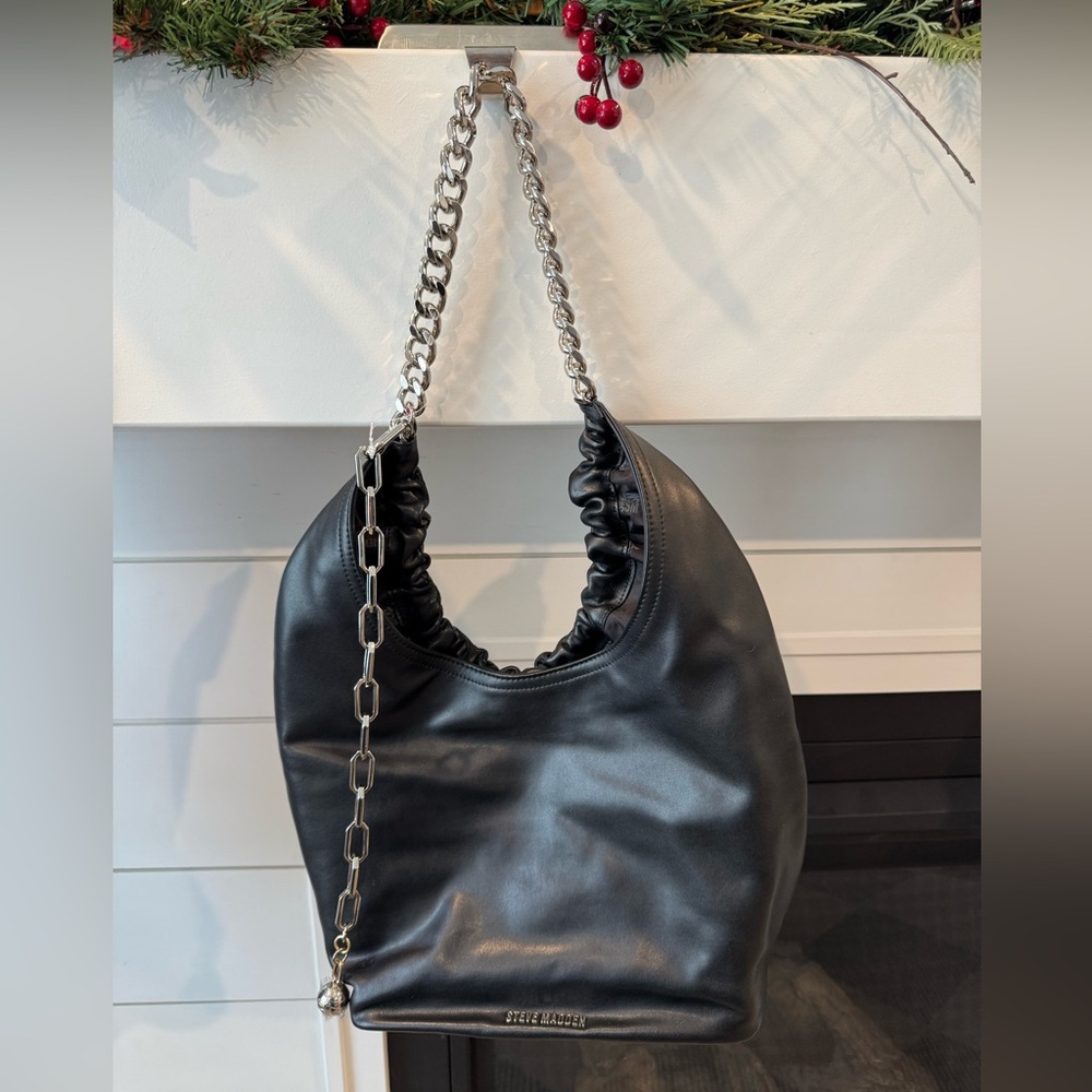 Steve Madden Black Chain Strap Ruched Hobo Bag Vegan Leather Magnet Closure New